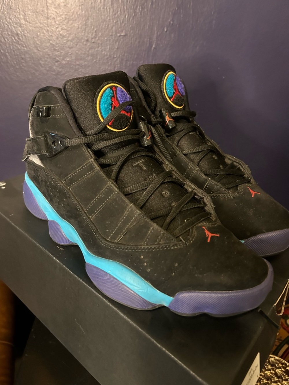 Jordan Black Suede Sneakers with Teal and Purple Accents